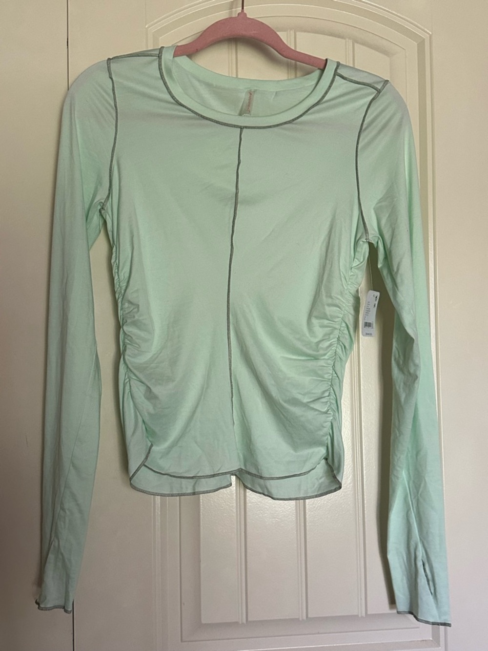 Free People Mint Long-Sleeve Ruched Crew Neck Top